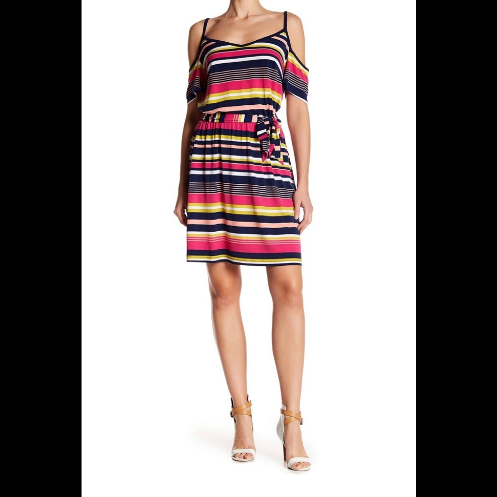 Laundry stripe cold shoulder dress